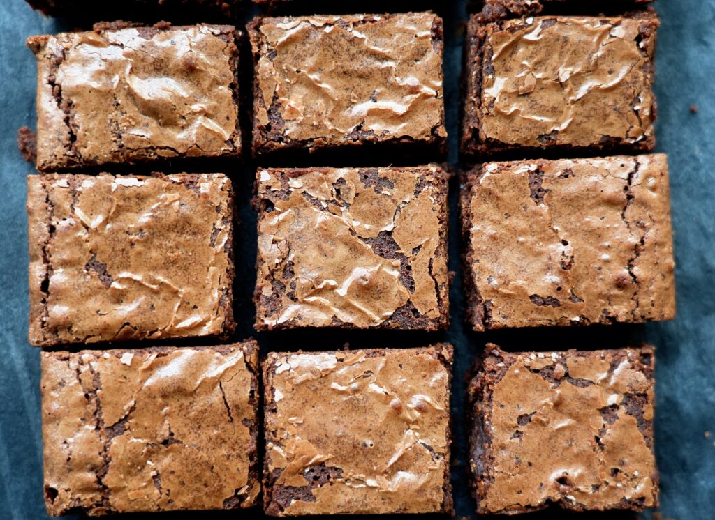Macro view showing the texture of the brownie crust.