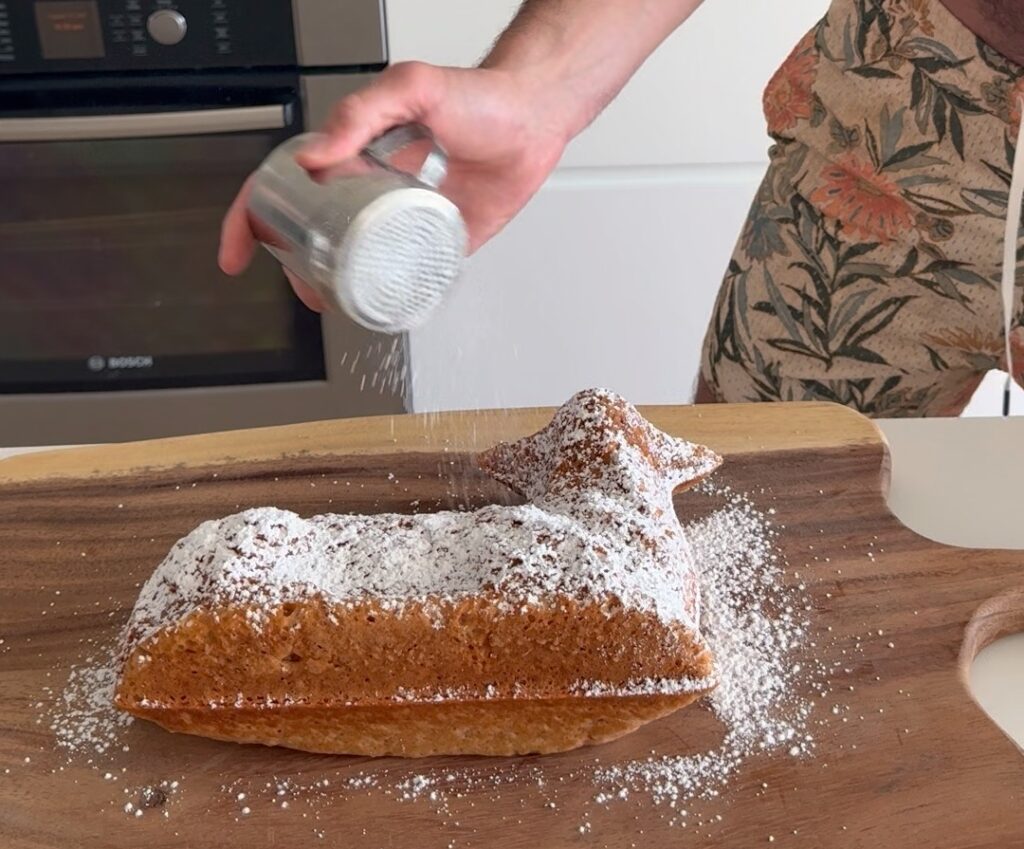 easter high protein lamb cake dusted