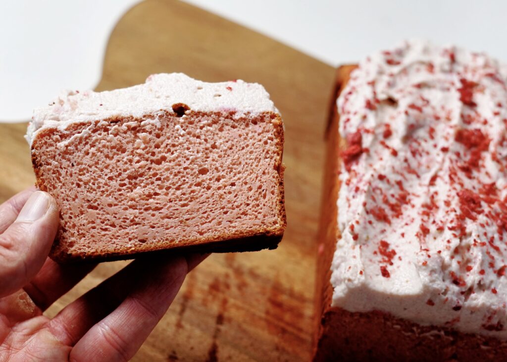High Protein Strawberry Loaf Cake in Hand