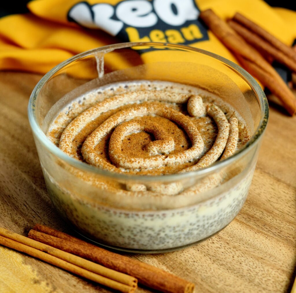 Side view of layered cheesecake yogurt on chia pudding