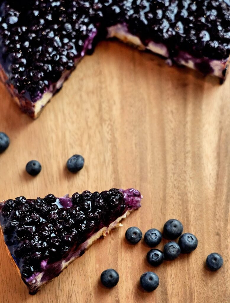 Long shot Blueberry Keto Cheesecake on Platter