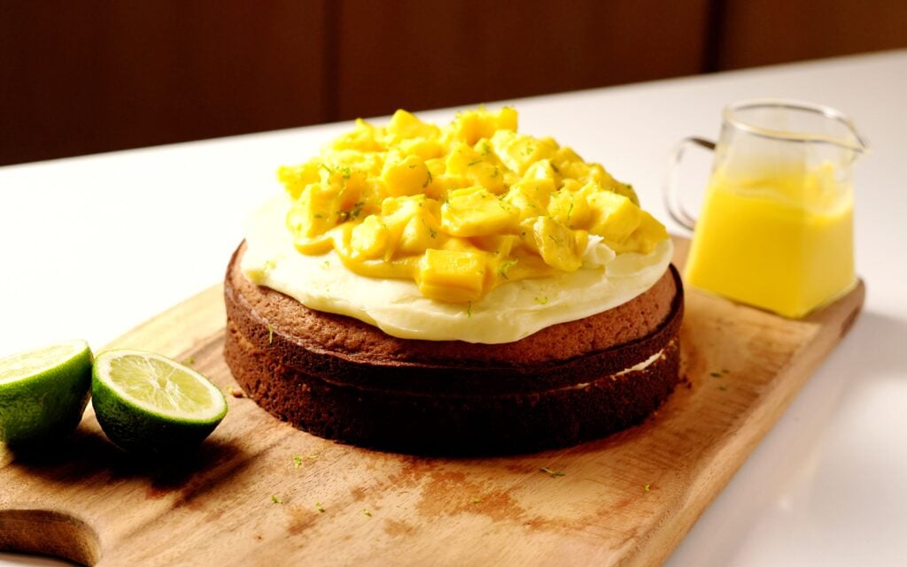 Mango cake shot on board