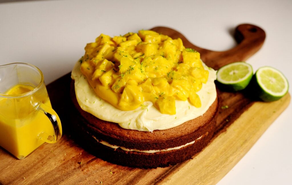 Mango cake shot plated