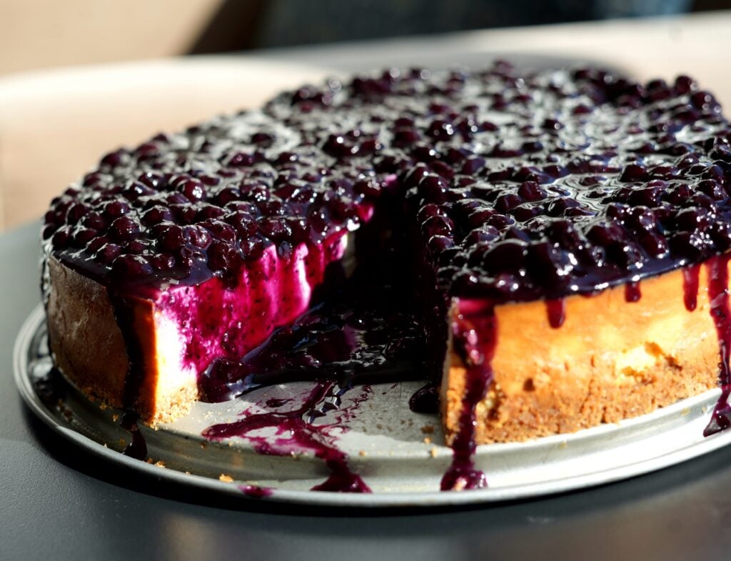 Middle shot of high-protein blueberry keto cheesecake