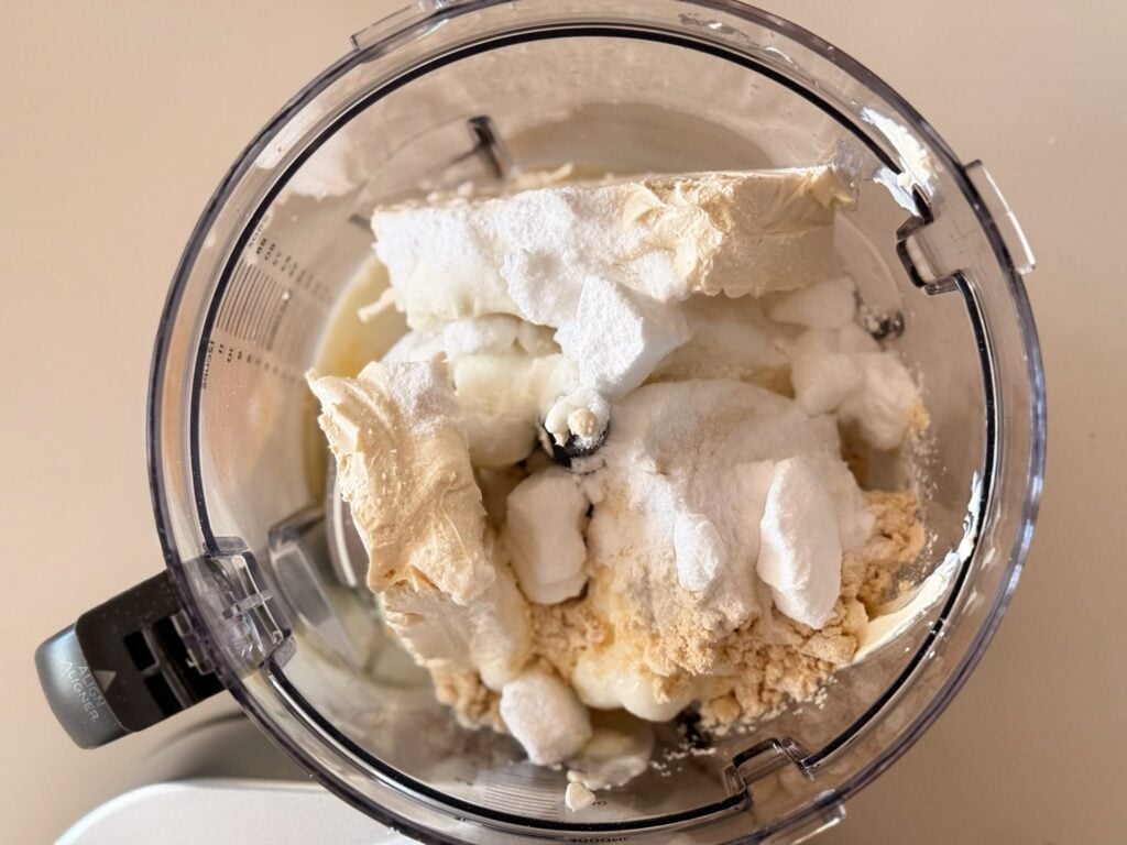 Ingredients in mixer SforHigh-Protein Blueberry Keto Cheesecake