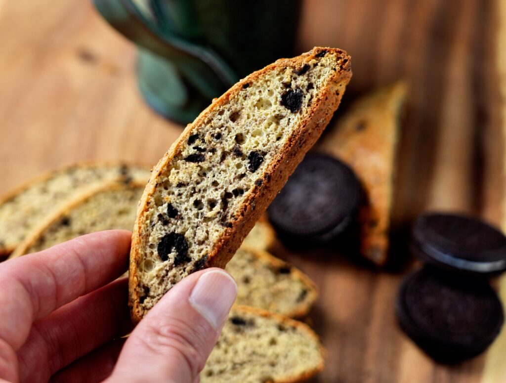 Oreo Biscotti on Board in hand