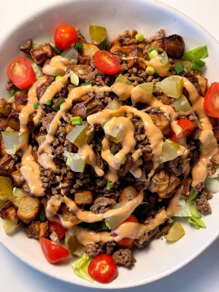Potato Burger Bowl Finished Close Up