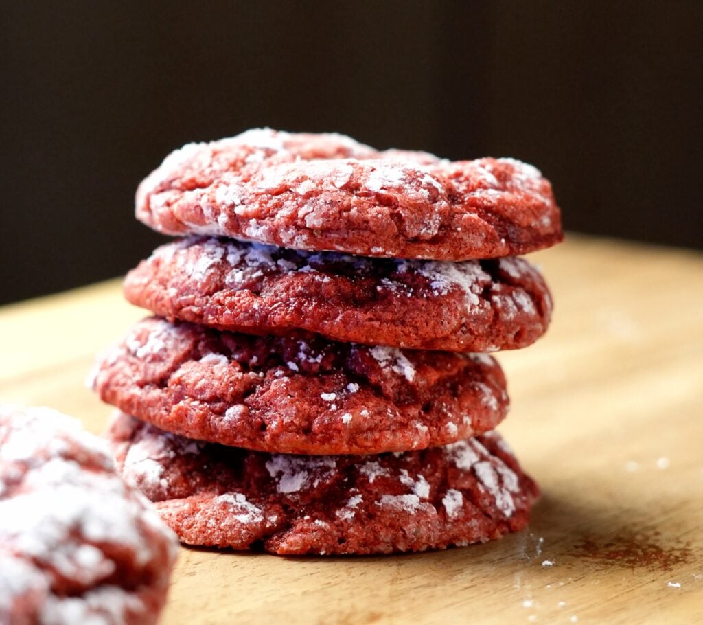 red velvet crinkle cookie stacked