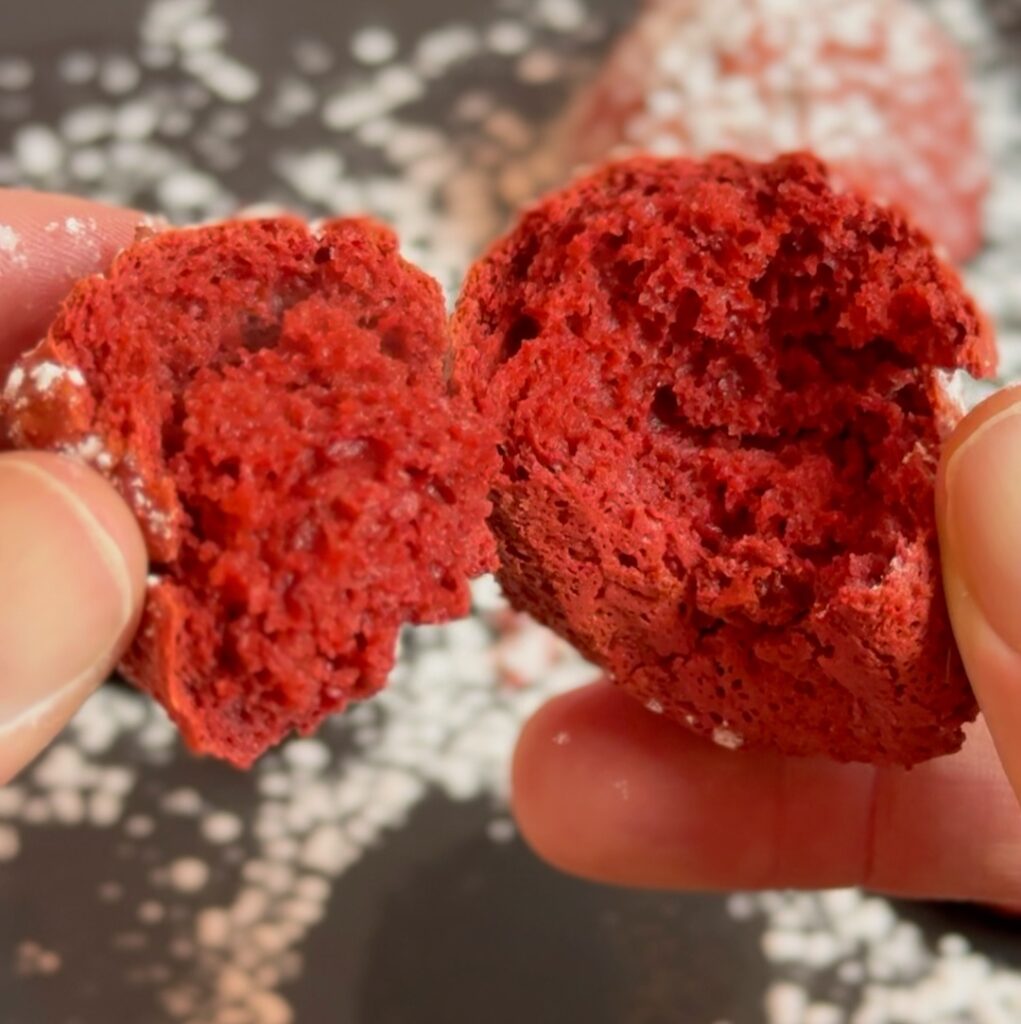 red velvet donut hole split open