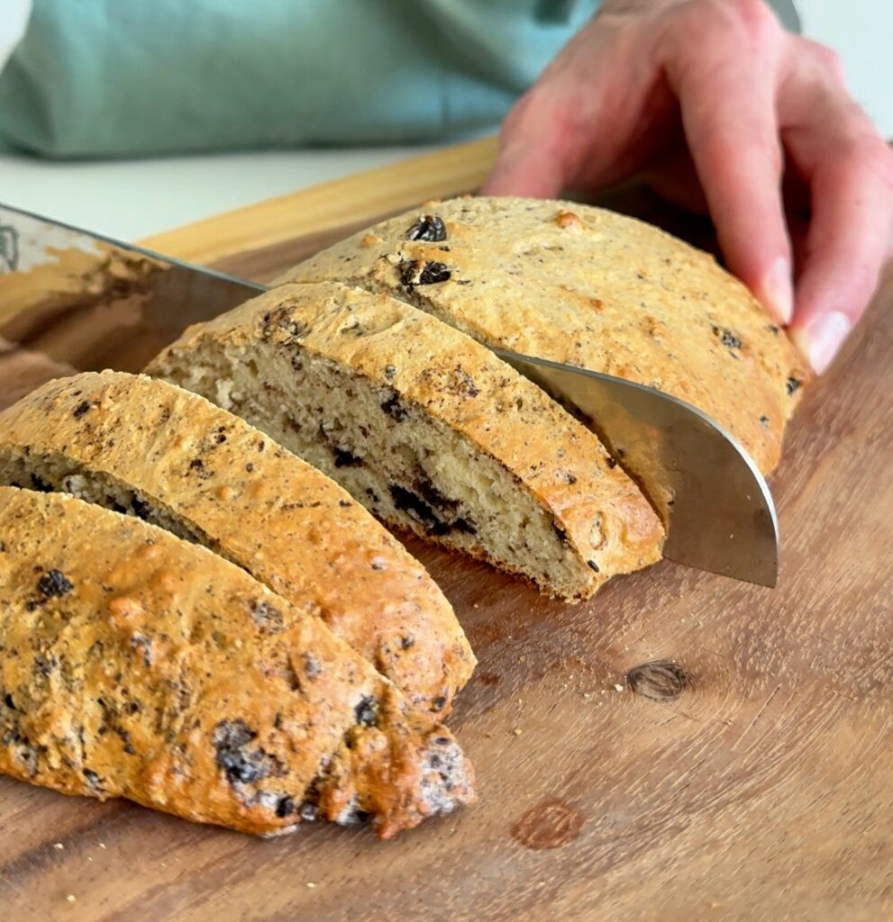 slicing Oreo Protein Biscotti to 2nd bake