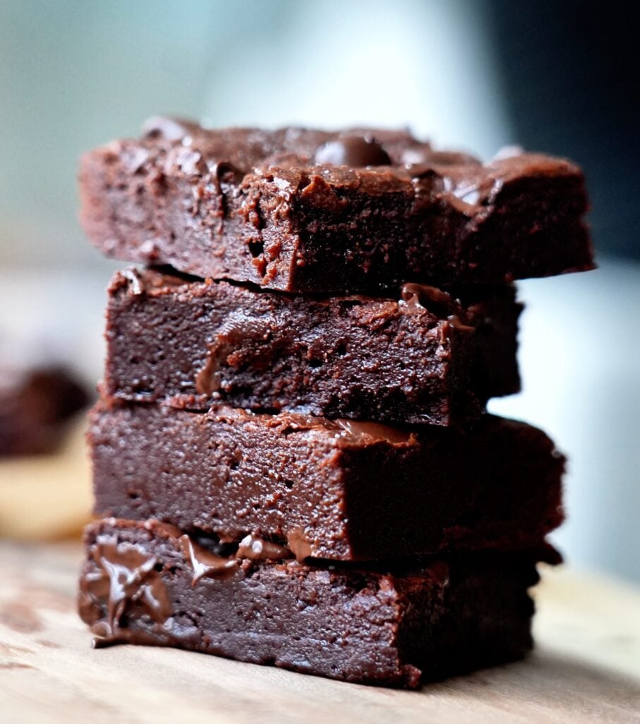 close up stack of brownies