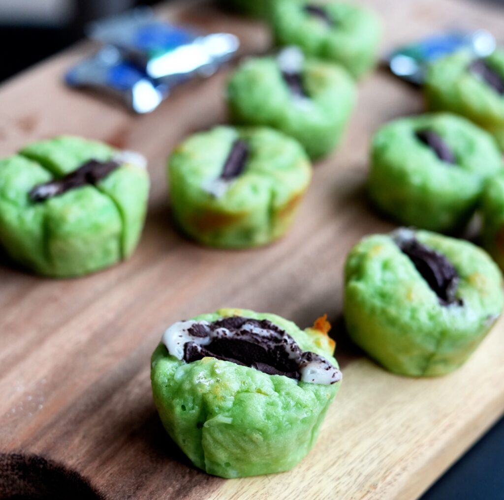 tray of single York Peppermint Muffins spread on board