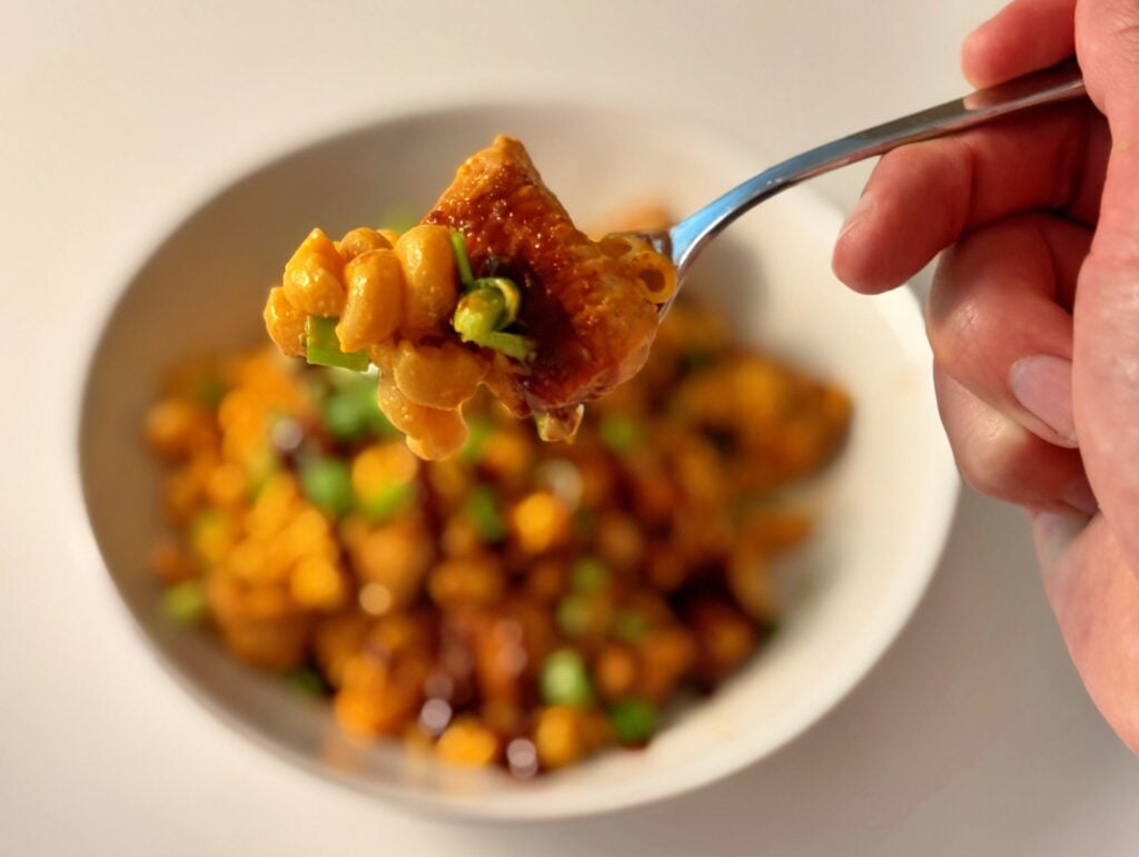 bbq chicken high protein mac and cheese spoon