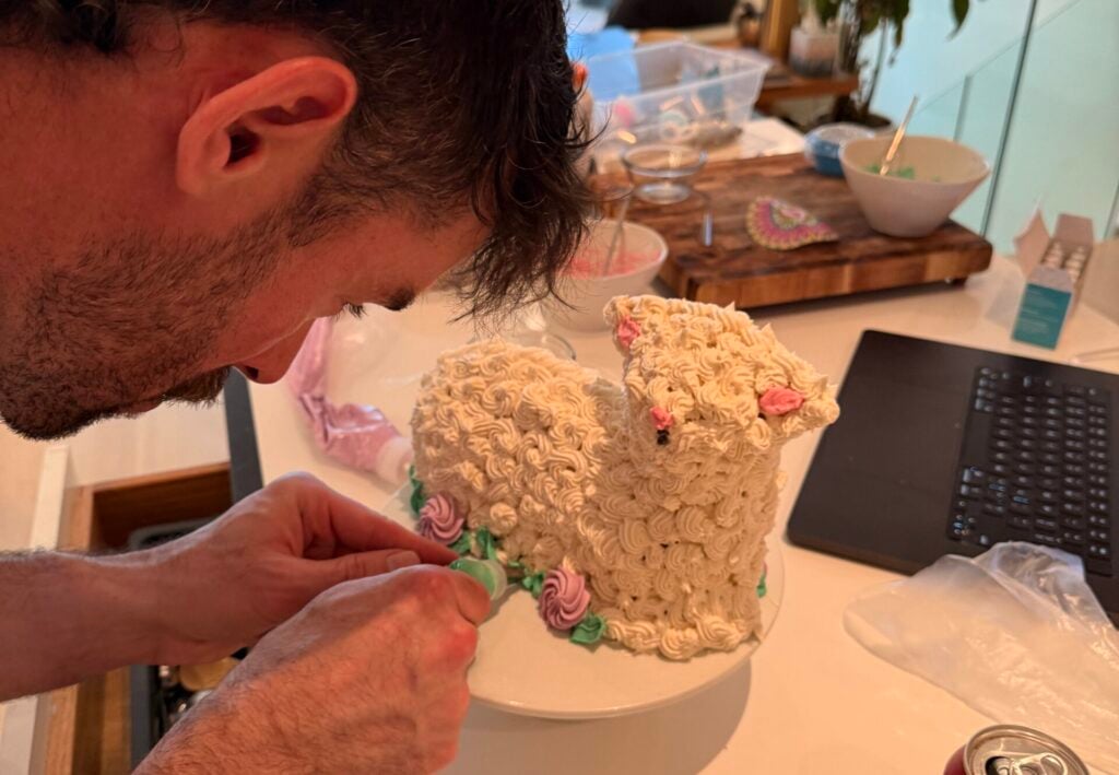 easter lamb cake getting iced with family 2