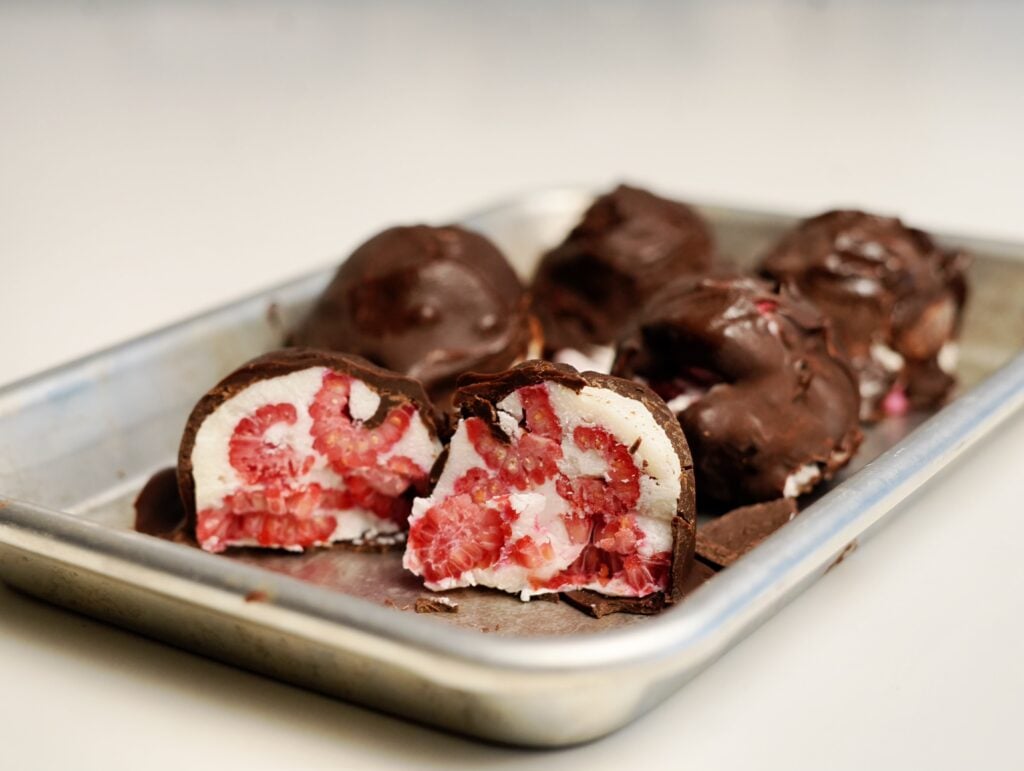 frozen yogurt bites in tray sliced