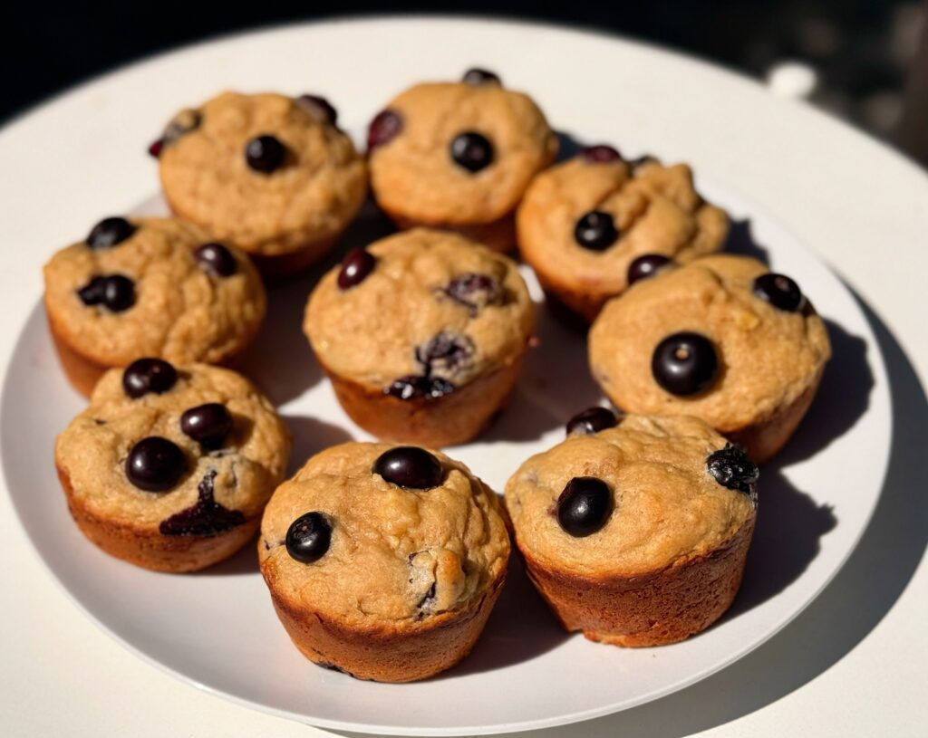 high protein blueberry muffins plated