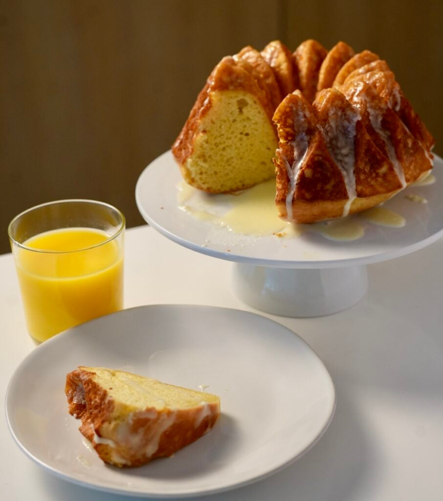 high protein orange juice cake plated
