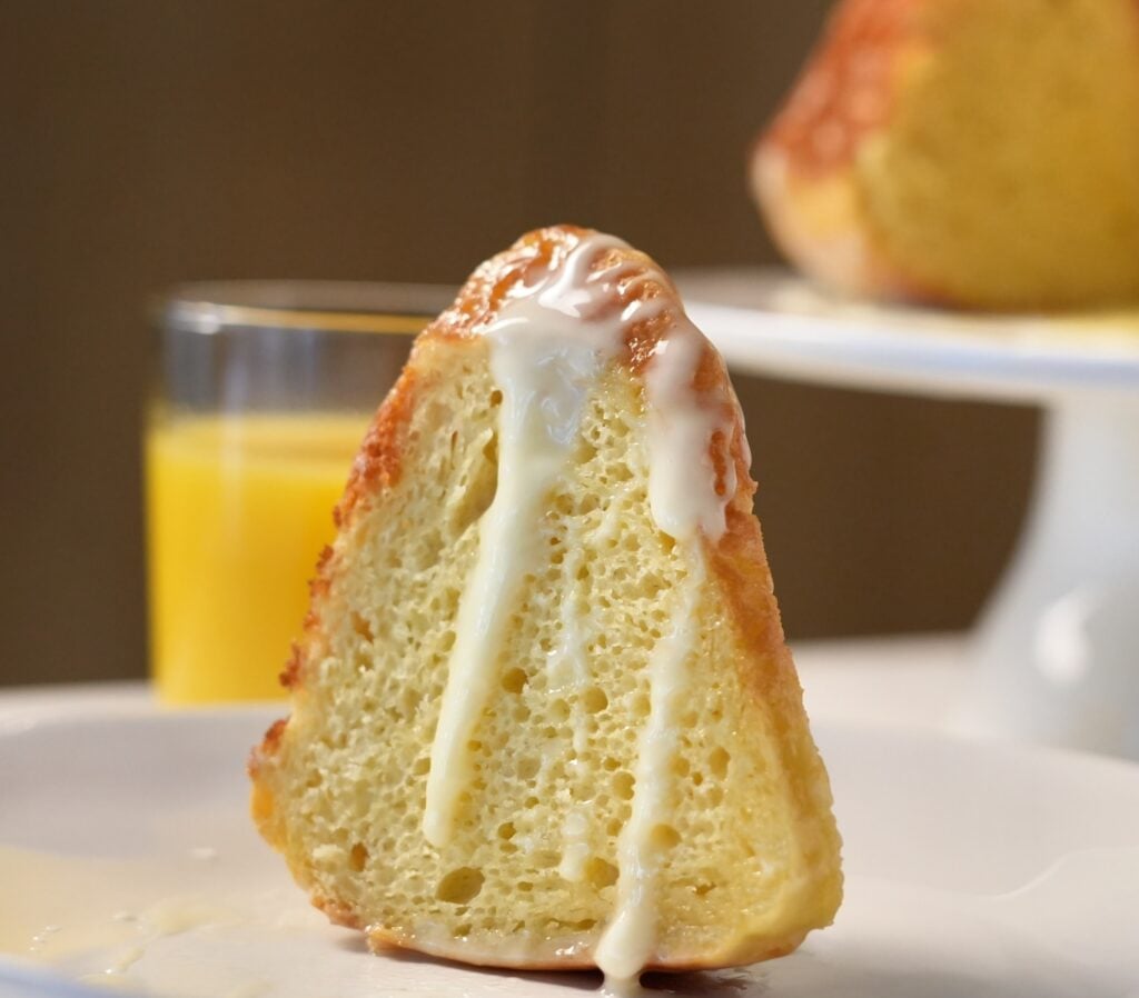 high protein orange juice cake plated close up