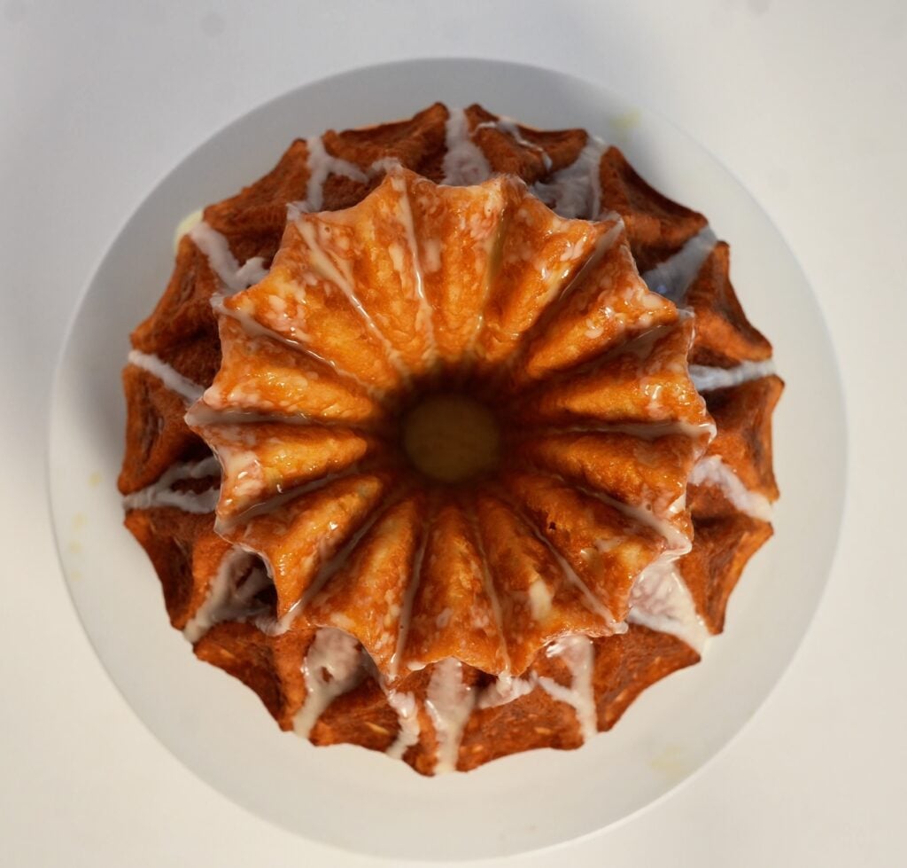 high protein orange juice cake plated overhead