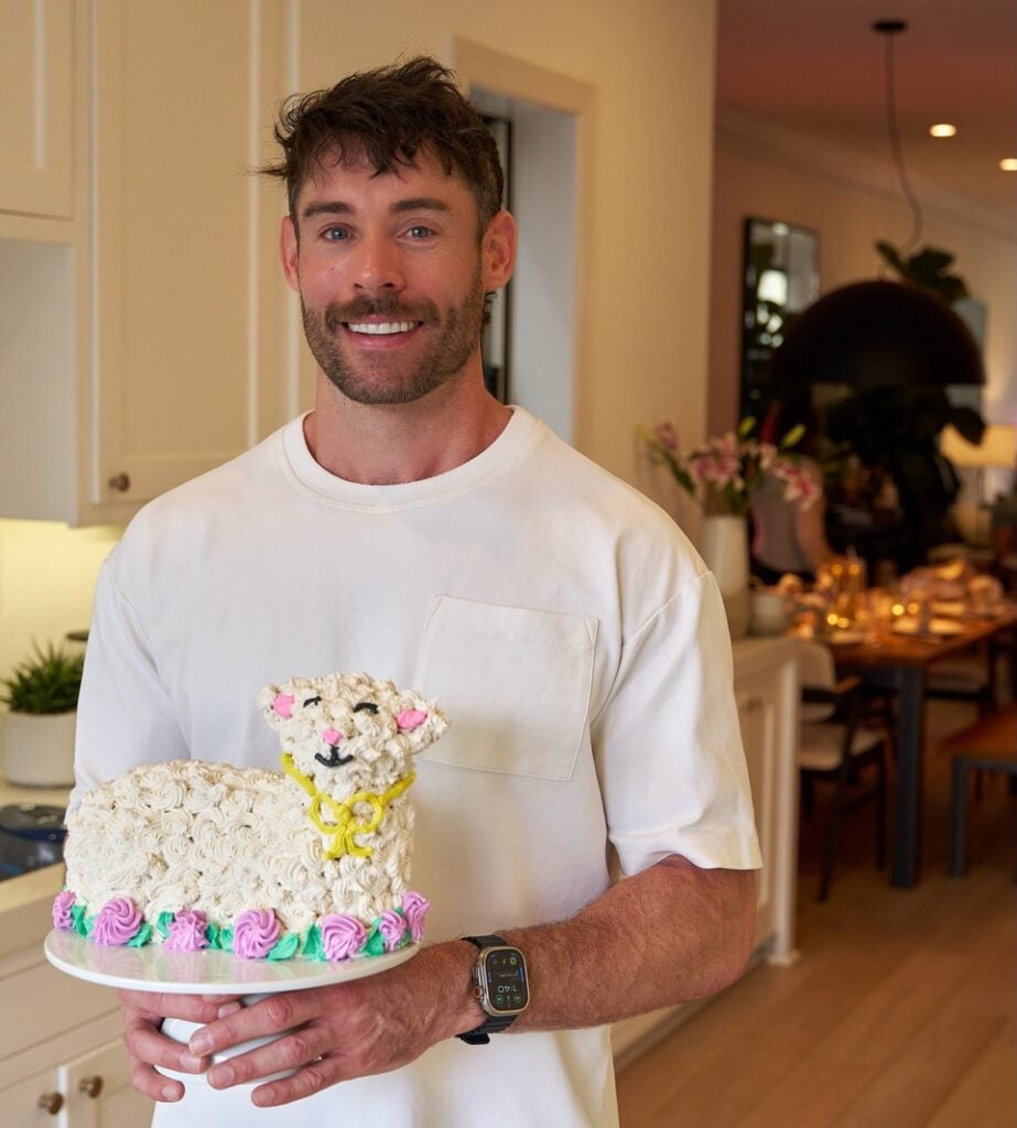 jacob holding easter lamb cake decorated