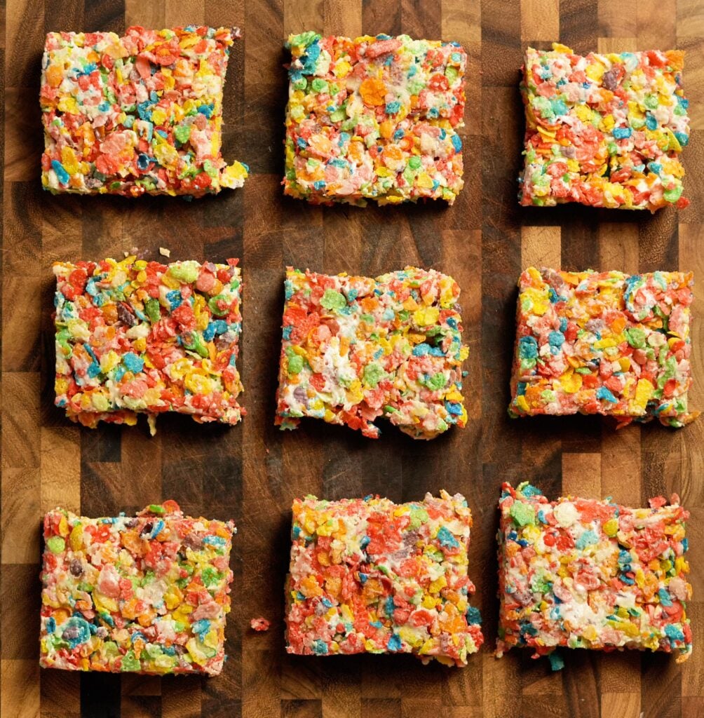 Protein Fruity Pebbles Rice Crispy Treats overhead