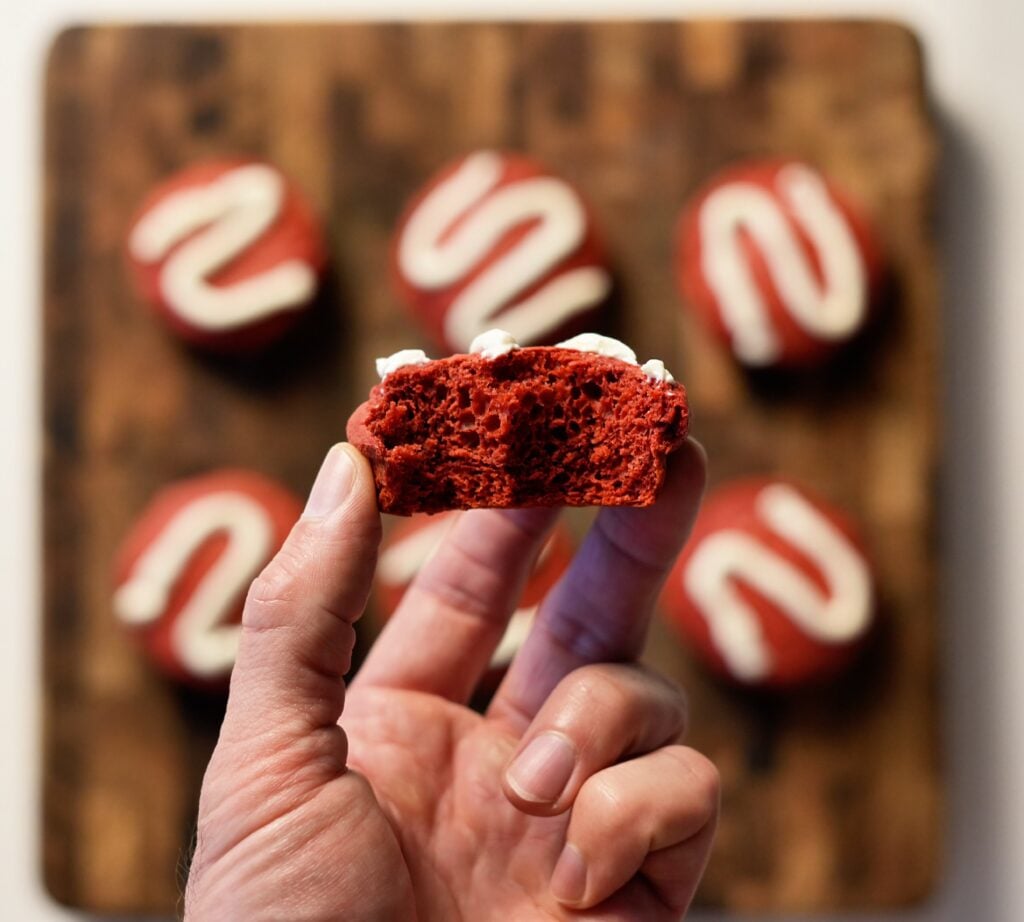 Red Velvet Protein Muffins with Cream Cheese Frosting Close Up