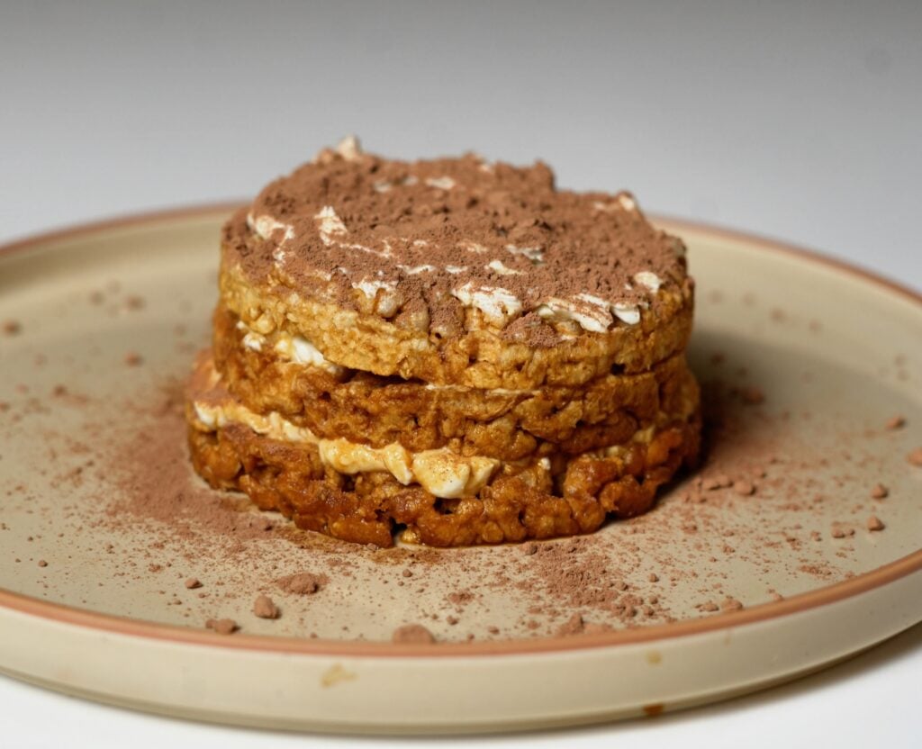 rice cake tiramisu overhead close up