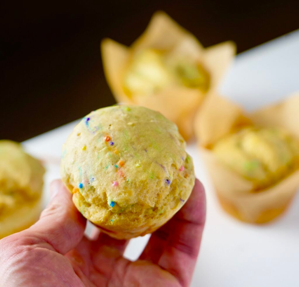 funfetti protein muffin in hand
