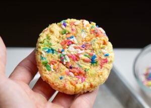 high protein cakey sugar cookie in hand