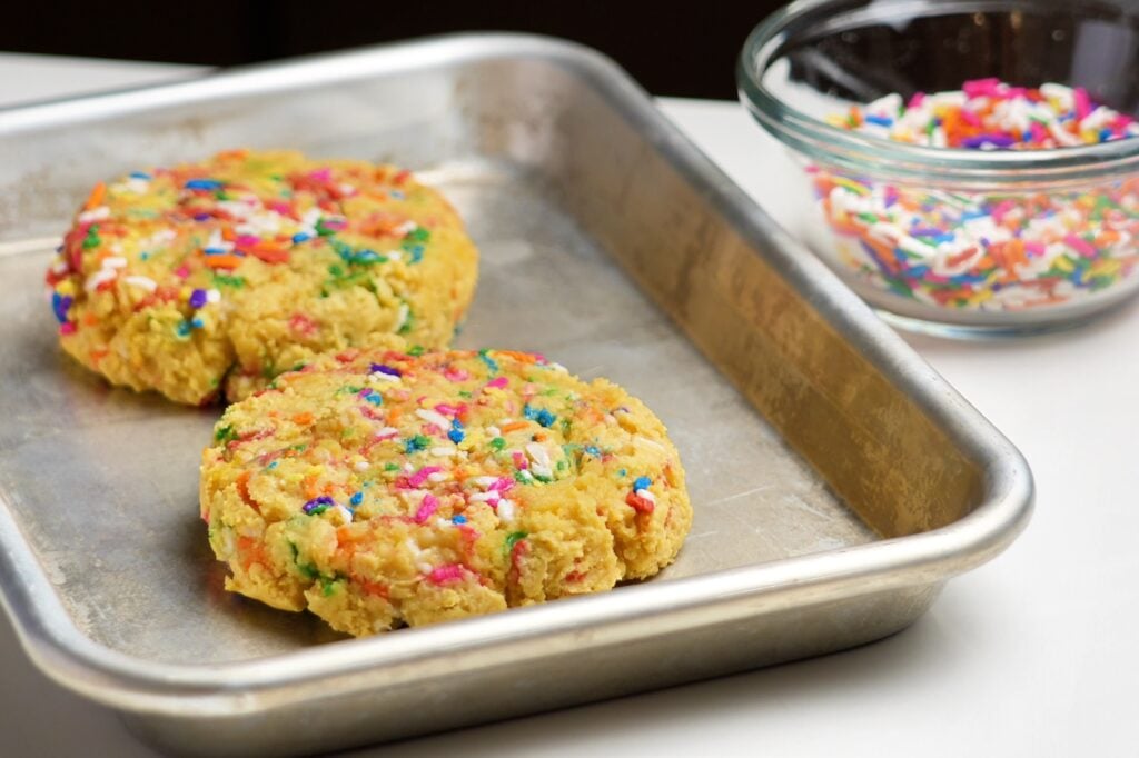 high protein cakey sugar cookie on tray