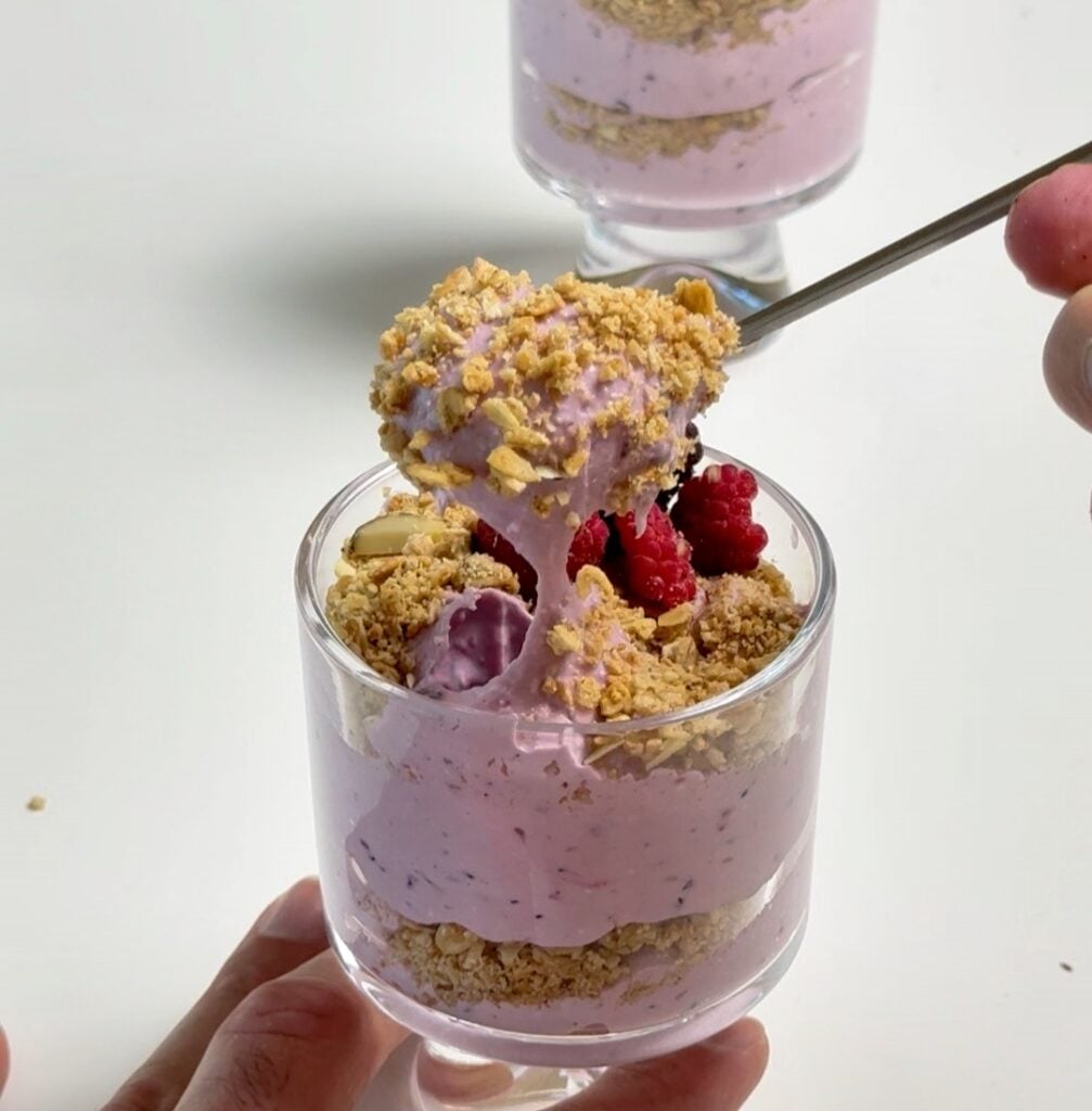 High Protein No Bake Berry Cheesecake with Cottage Cheese Scoop Shot