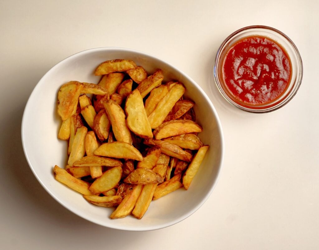 over head healthy and crispy air fried french fries