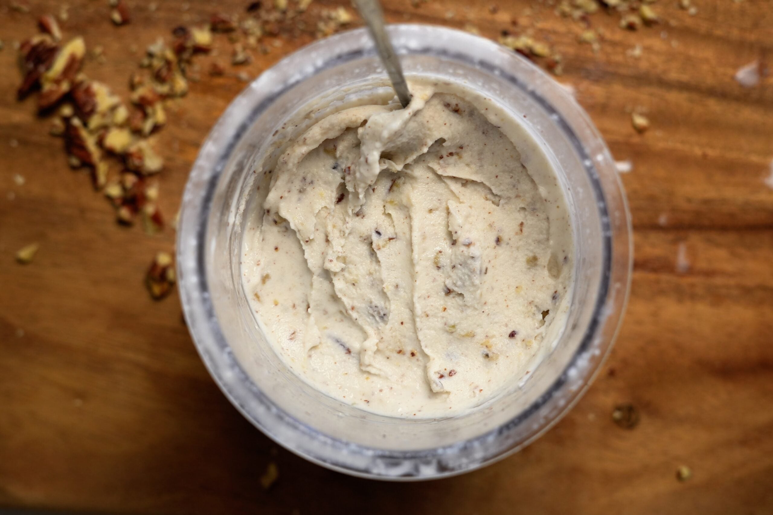 overhead shot of butter pecan ninja creami high protein