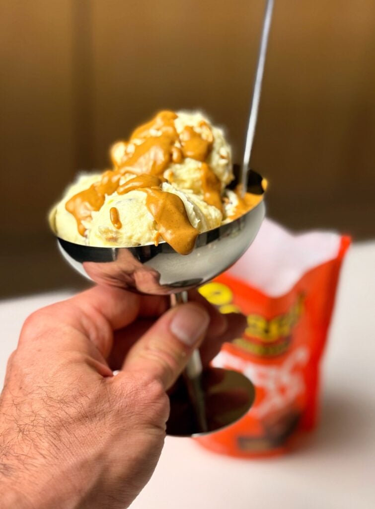 reeses fluffy yogurt dessert in hand