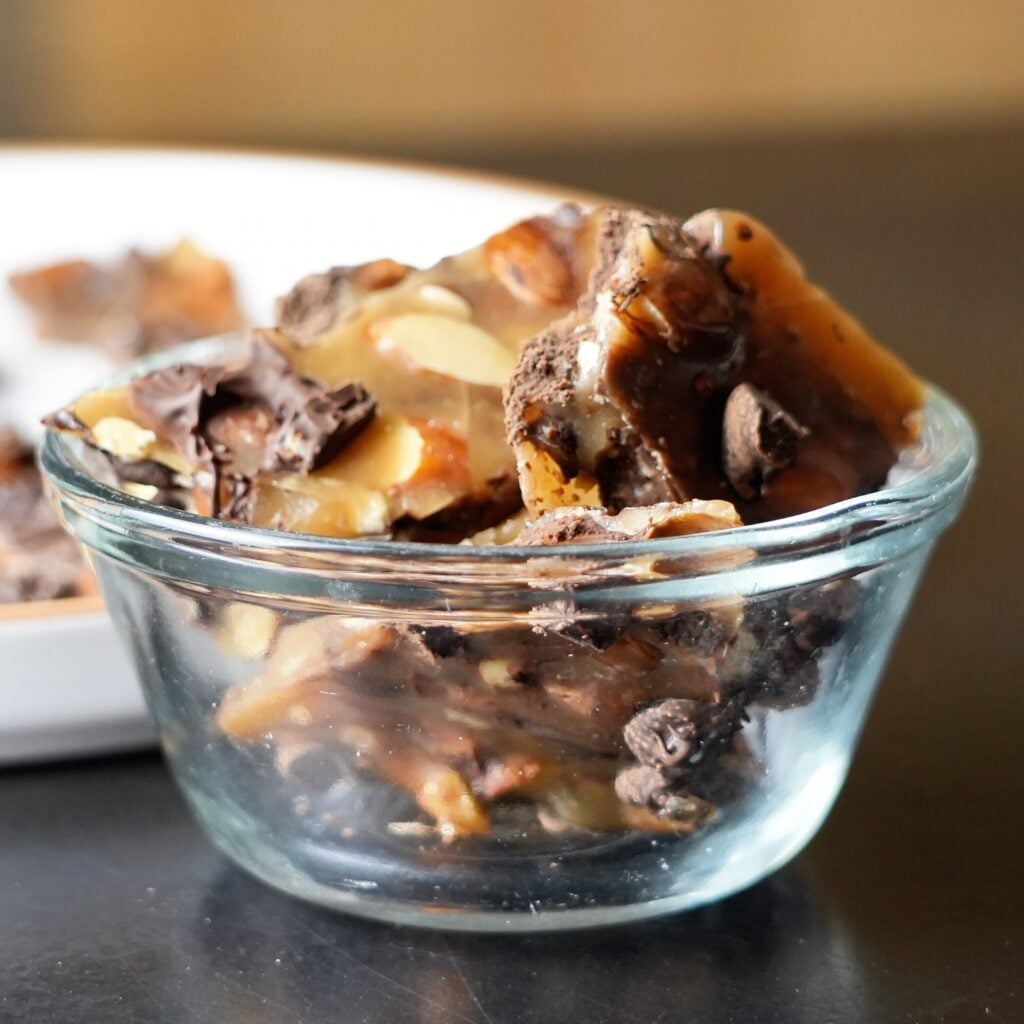 vintage almond chocolate chip brittle close up
