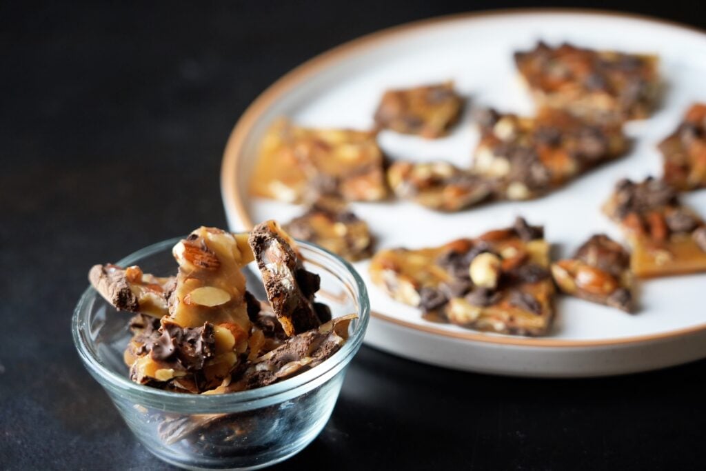 vintage almond chocolate chip brittle in a glass