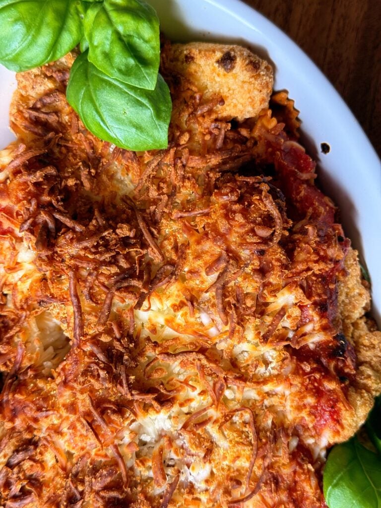 air fried chicken parm pasta close up