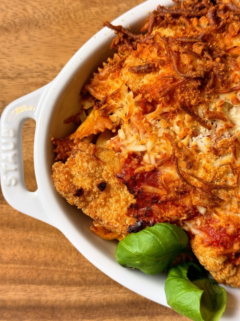 air fried chicken parm pasta close up side view