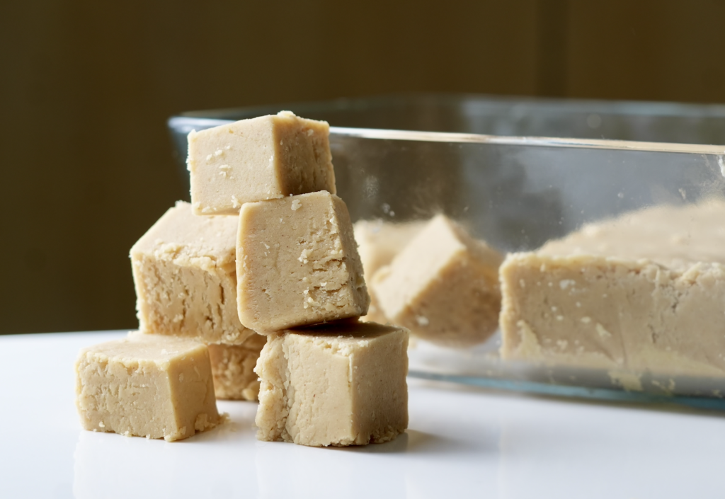 close up of fudge with glass dish
