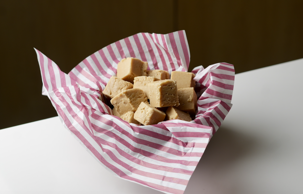 fudge in basket on counter