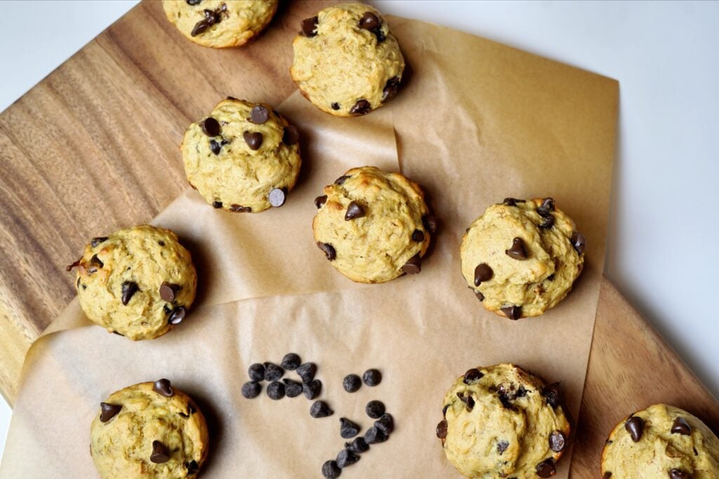 high protein banana bread muffin on board overhead