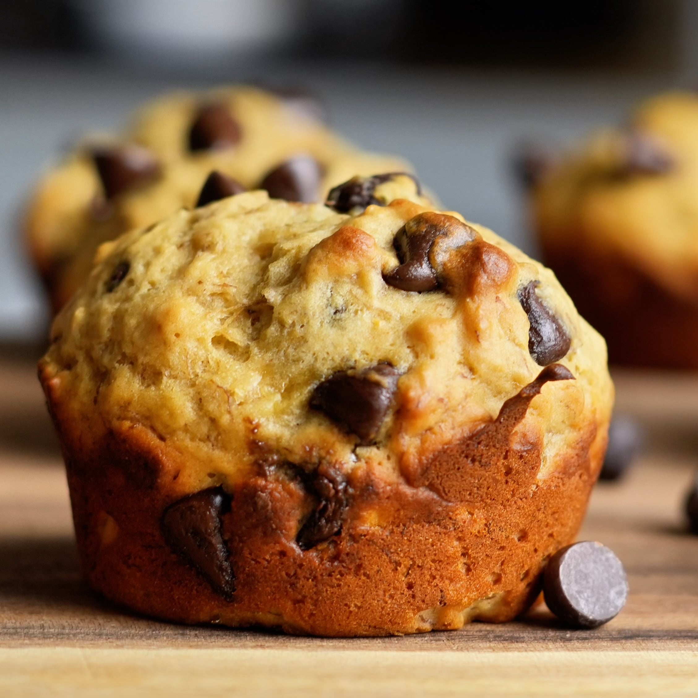 high protein banana bread muffin on board