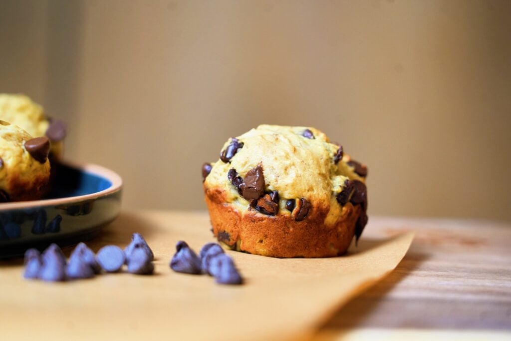 high protein banana bread muffin with chips