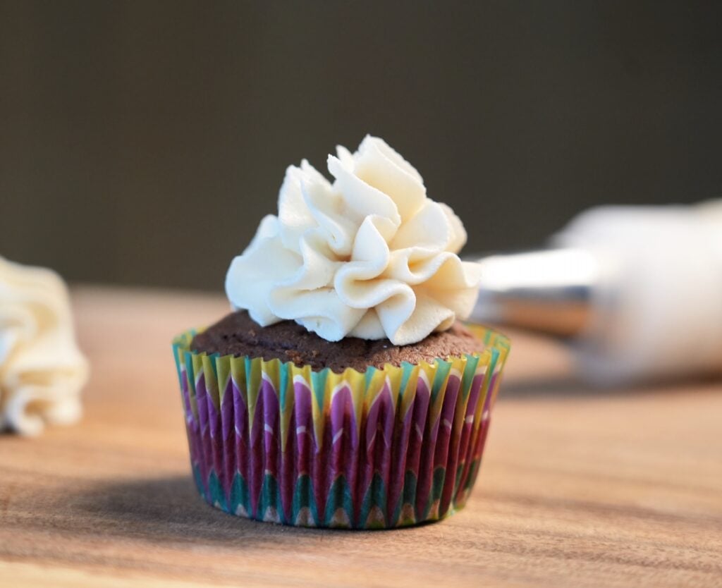 high protein cream cheese frosting on cupcake