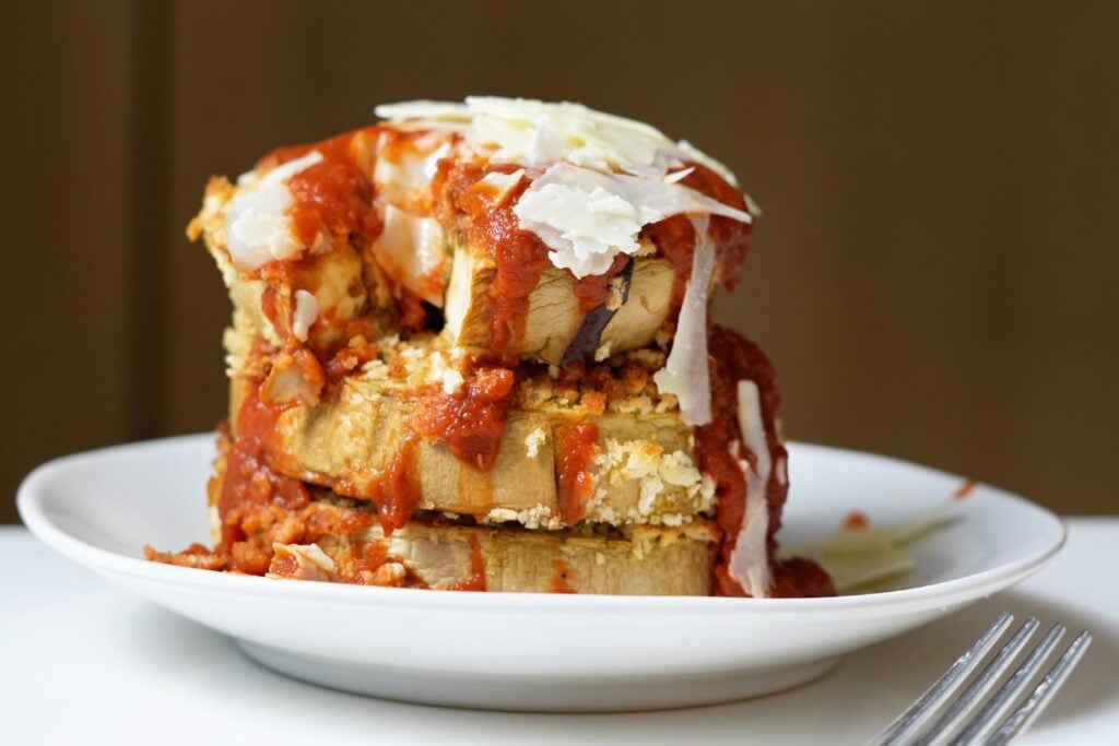 high protein eggplant parm on plate
