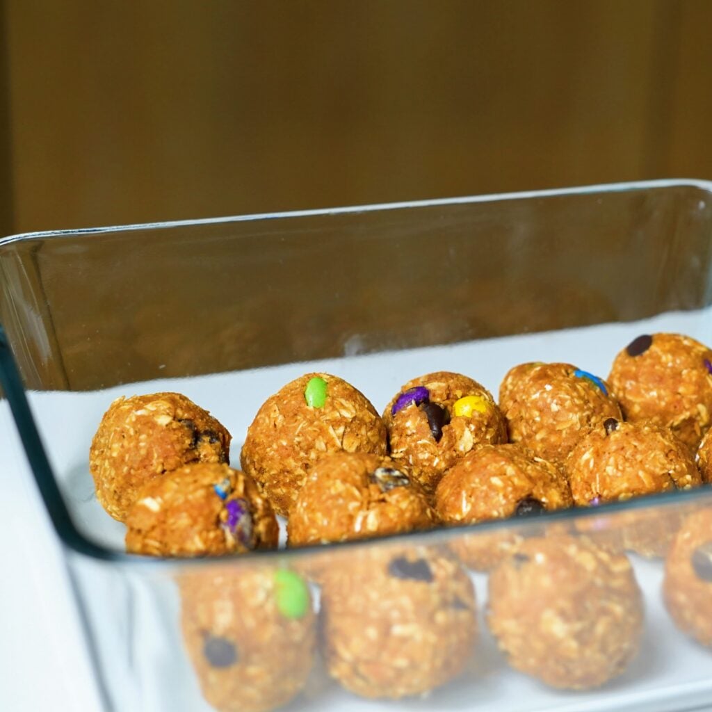 high protein monster cookie balls in tray