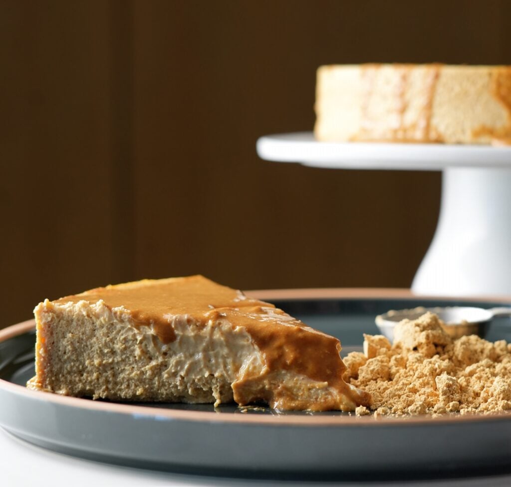 high protein peanut butter cheesecake plated close up