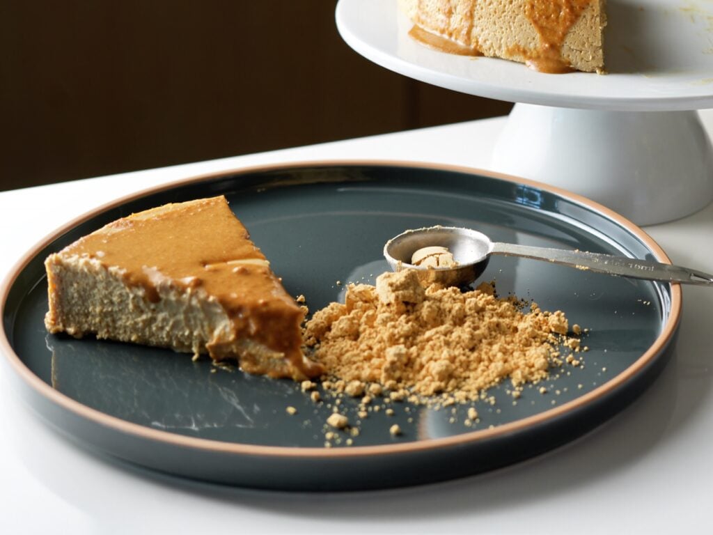 high protein peanut butter cheesecake plated wide shot