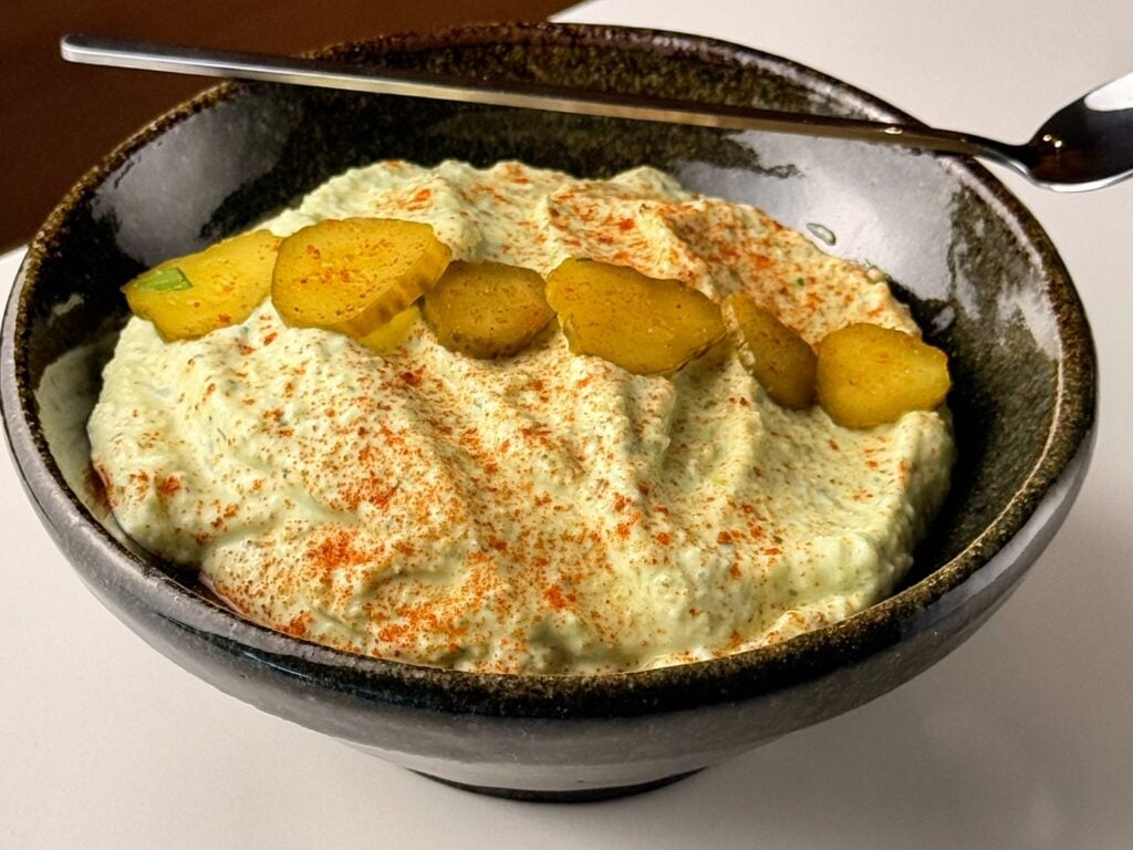 high protein pickle cottage cheese dip ingredients in bowl