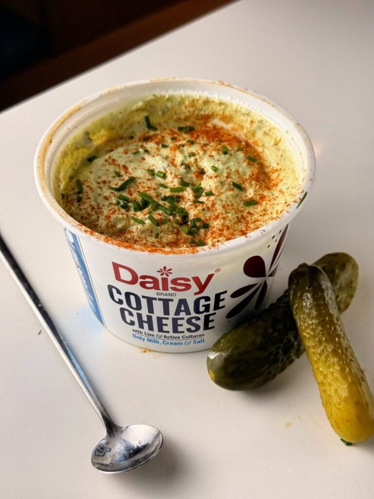 high protein pickle cottage cheese dip ingredients in cottage cheese container